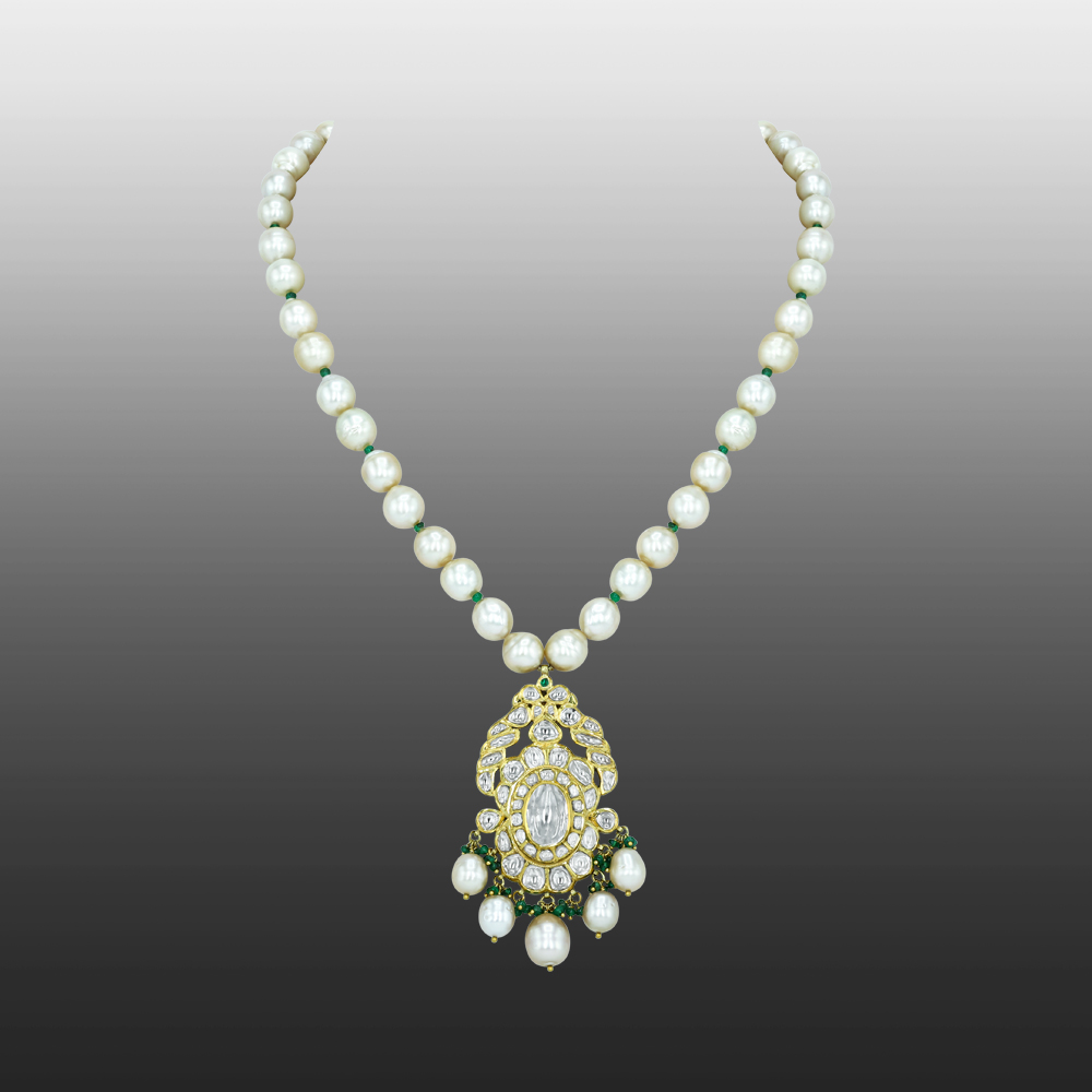 Pearl Strand Necklace with Polki Pendant and Emerald Beads